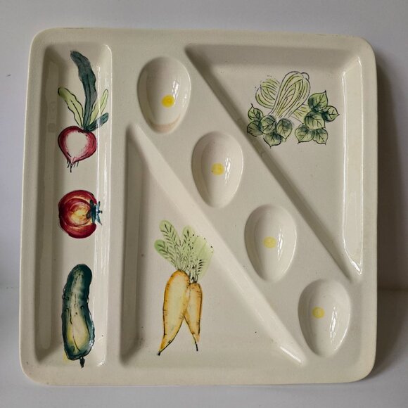 Japanese Ceramic Divided Serving Platter With Hand-Painted Vegetable Design - Picture 4 of 16
